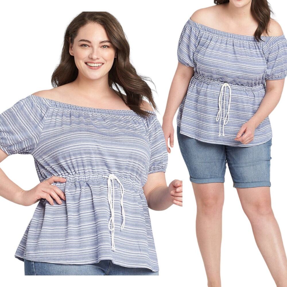 LANE BRYANT Striped Convertible Blouse Off Shoulder Peplum Top Blue Plus 18